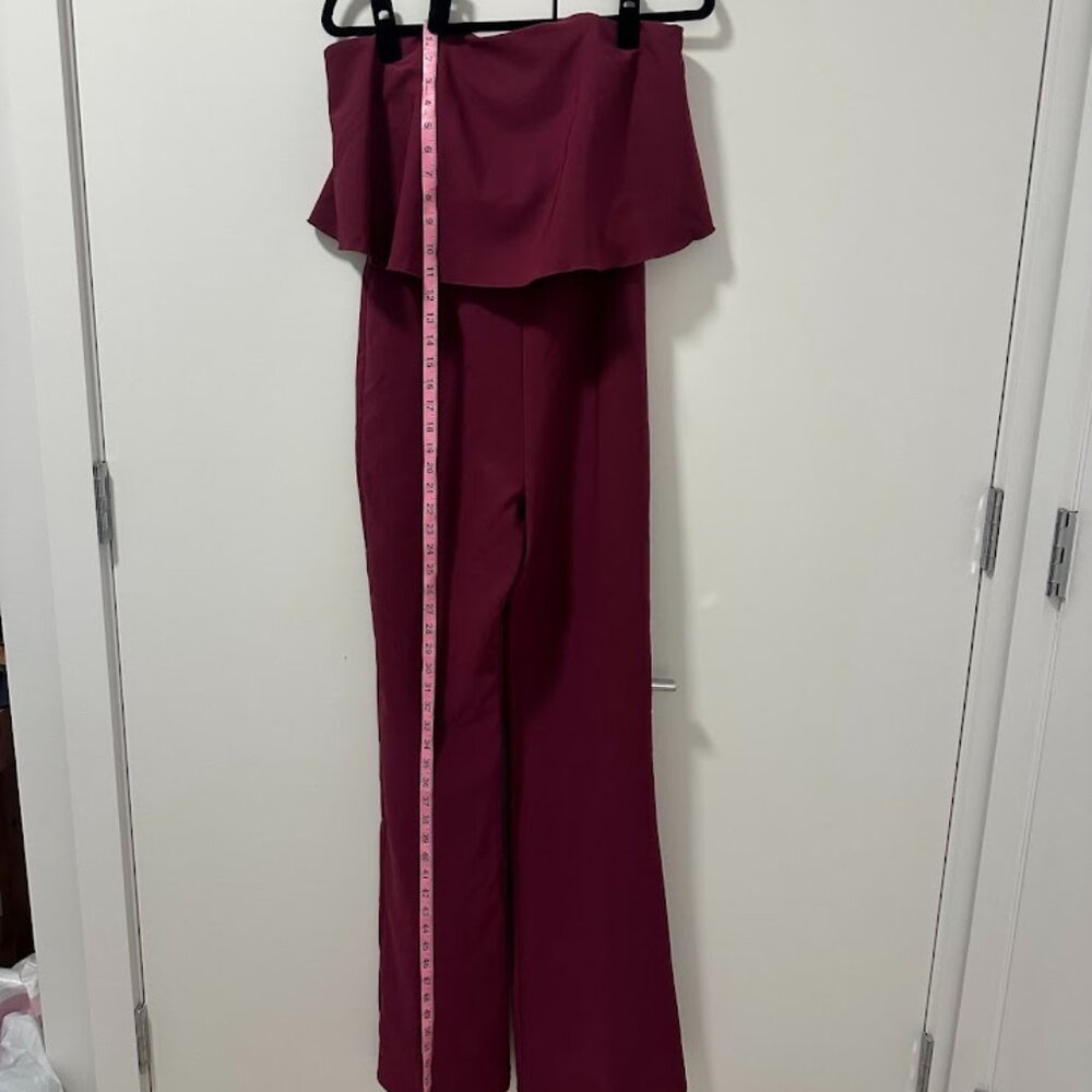 Socialite Ruffle Strapless Flare Leg Jumpsuit in Burgundy